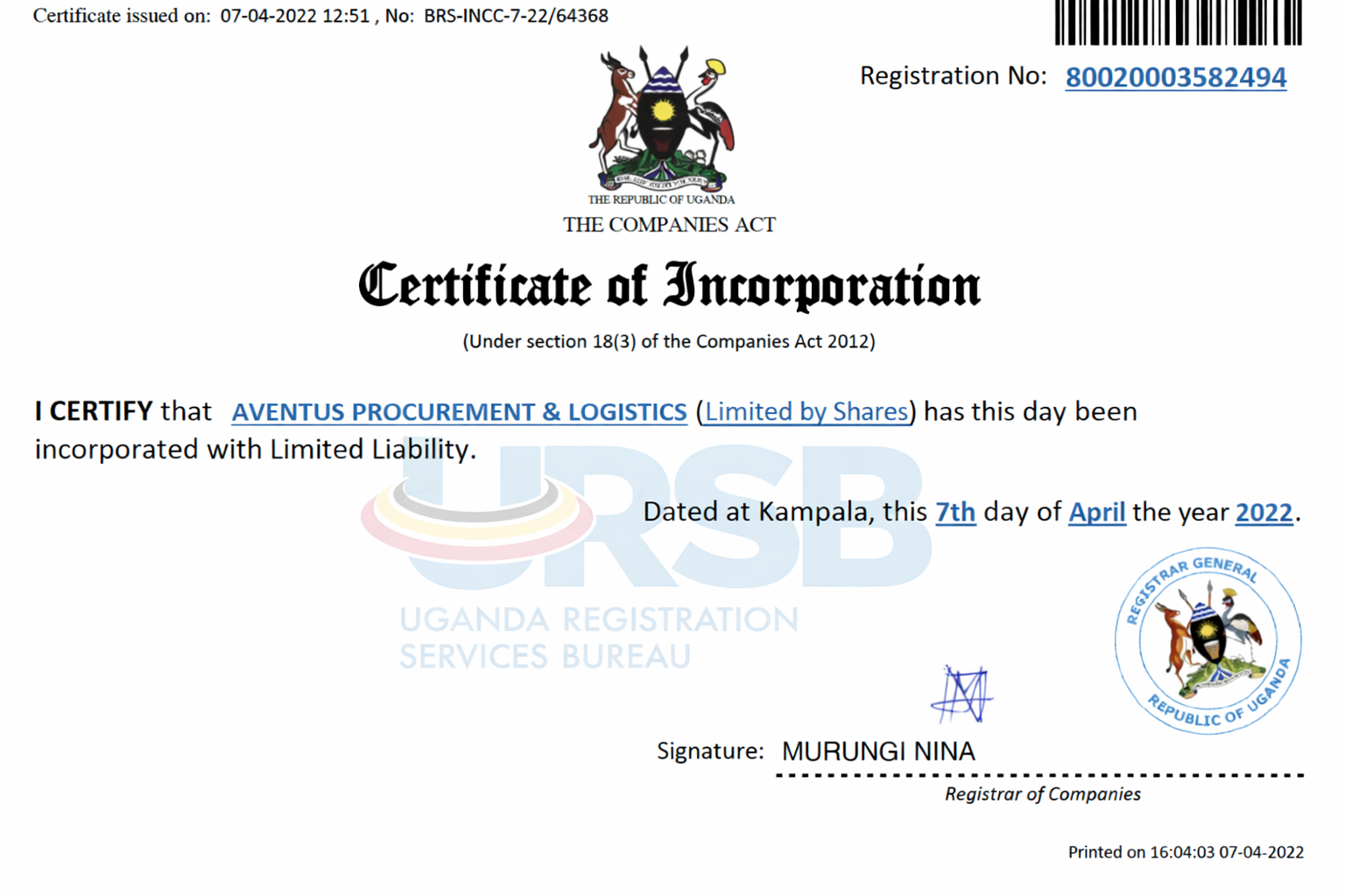 Certificate of Incorporation - LM Investments Ltd